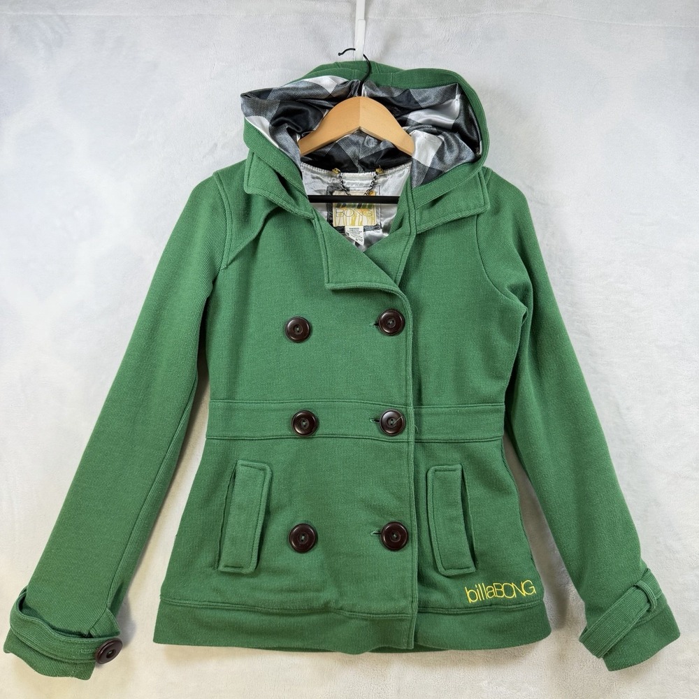 Y2K BILLABONG Green Pea Coat Jacket Button Up Hooded Lined Women Size Medium